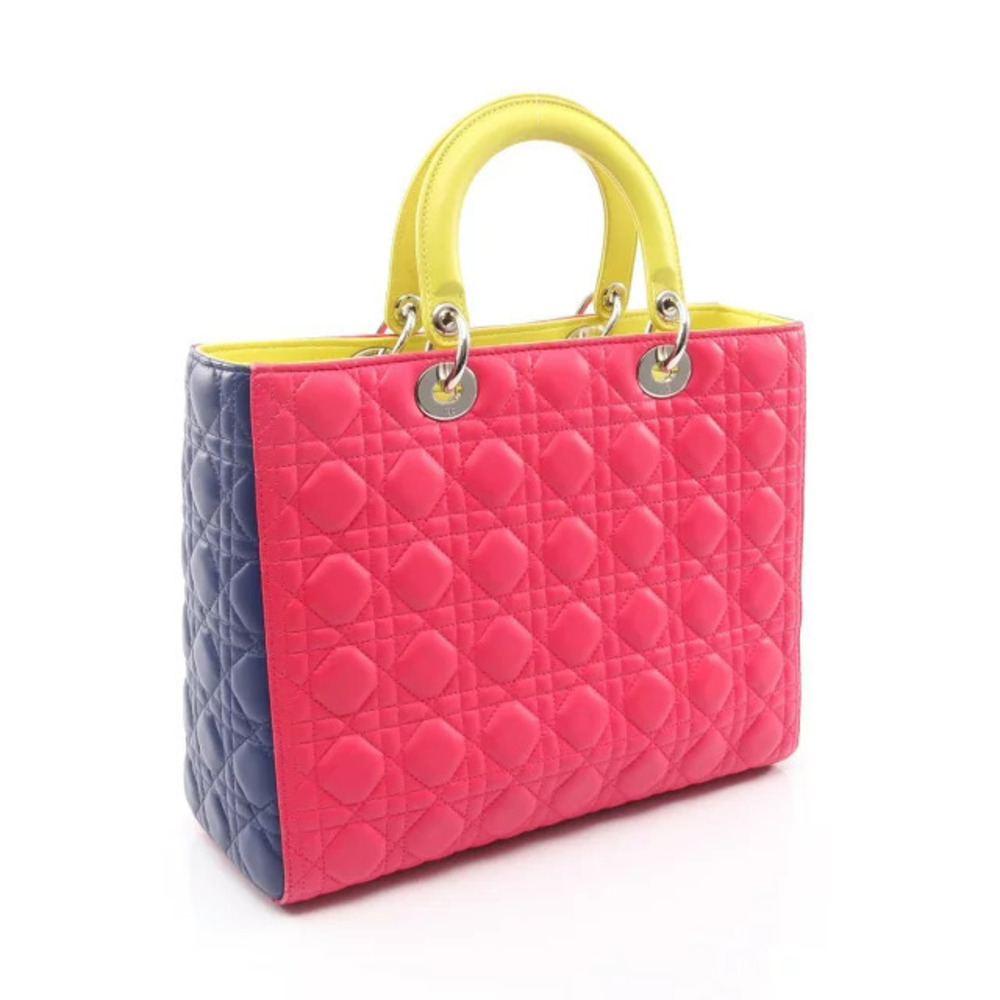 Dior Lady Pink Leather Cannage Blue Yellow Handbag